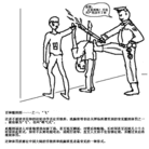 Published on 5/21/2004 Drawings of Torture Techniques -- Nos. 1 - 7. words on illustration: The policeman says, "This is what you get for practicing! The Party will most certainly fix you!" The torture is called "Flying," or "Jet Plane." In this torture, the head is bent down until it cannot go down any further, while the hands are pulled up and held up at the highest point against the wall. The practitioner is forced to hold this position unchanged for a long time period (more than 10 hours). If a practitioner refuses to comply, he/she will be shocked with an electric baton or beaten to the point of losing consciousness. Police will then roughly wake up the practitioner and continue the torture.
