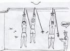 Published on 6/17/2004 Illustrations of Torture Methods Used to Persecute Falun Gong Practitioners (19-30).This is a very cruel torture. Practitioners’ hands are tied with thin ropes and then they are hung up for several hours, or even several days. Sometimes, the rope was so tight it broke; and sometimes the rope cut into the flesh. Some practitioners lost consciousness while being hung up. In many cases, the practitioners were hung by their handcuffs, which caused broken bones. After the torture, some practitioners suffered injuries to their hands and arms. As a result they had difficulty using their hands and arms for a long time. Some suffered severe injury to their arms and hands, and thus became disabled.