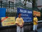 Published on 8/26/2003 On the 2nd August 2003, Hungarian and Austrian Dafa practitioners went to the Chinese embassy in Budapest, Hungary to stage a peaceful appeal. They sent forth righteous thoughts and handed out leaflets to passersby, letting them know more about the persecution of Falun Gong. Practitioners took turns demonstratinge the Dafa exercises, creating a peaceful and serene atmosphere. There were lots of people passing by the Embassy, so there were many opportunities to talk to the public and let them know about the persecution happening in China.
