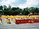 Published on 6/15/2001 On June 15, Shengang Town, a small town located in the middle of Taiwan, held Public Sports Games. A Falun Dafa exercise demonstration was arranged for the event. Over one hundred Falun Dafa practitioners from different areas in central Taiwan participated. They united their efforts and acted as a unit to show the power of Dafa particles.