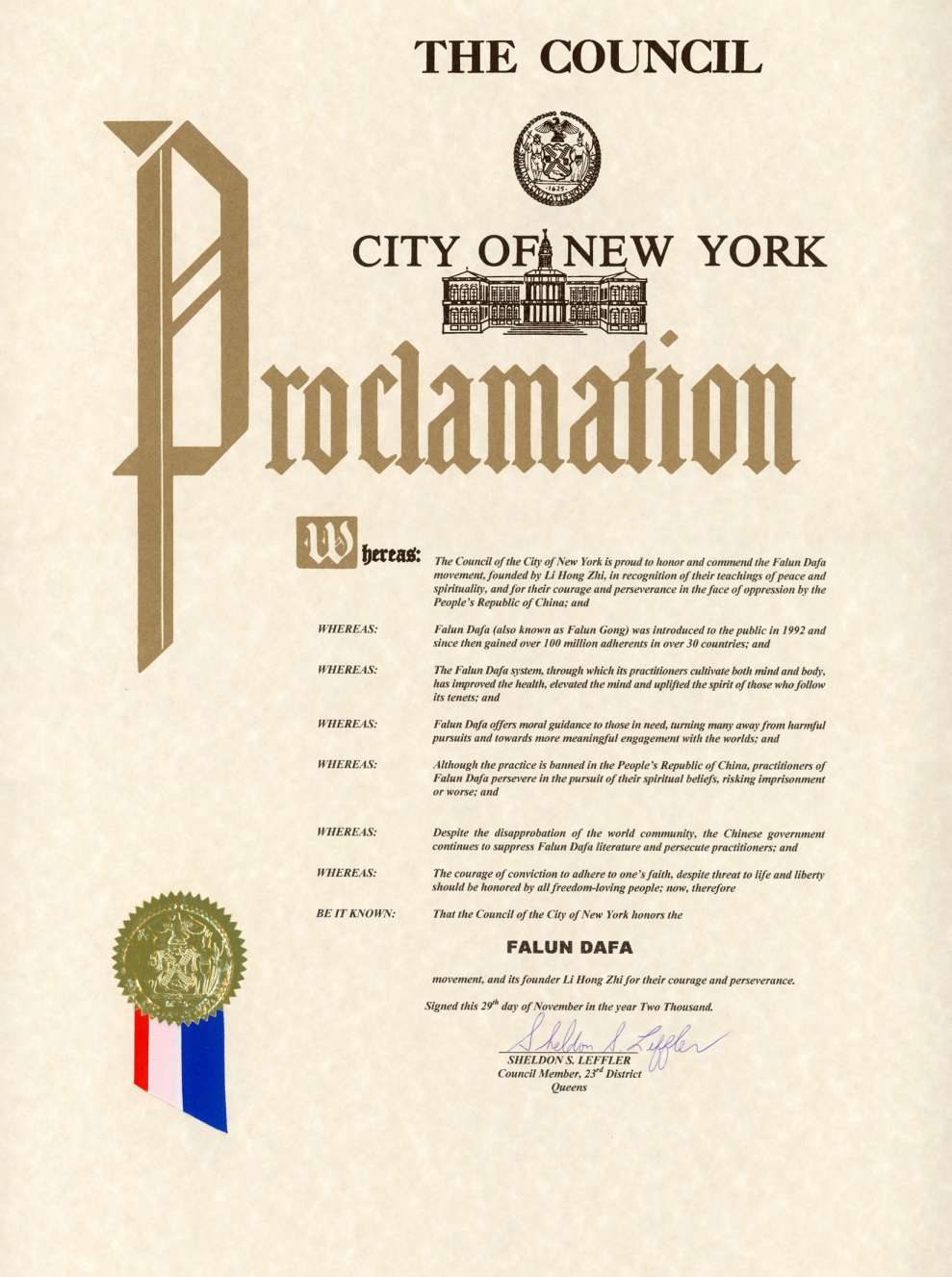 Falun Dafa Proclamation: New York City