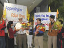 Published on 11/23/2001 Falun Gong practitioners in San Francisco welcome fellow practitioners home after from applealling in Tiananmen square, 2001.