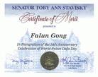 Published on 6/11/2002 Senator of the State of New York presents a Certificate of Merit to Falun Gong in recognition of 10th anniversary celebration of World Falun Dafa Day [May 13, 2002]