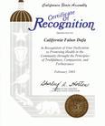 Published on 2/25/2003 California State Assembly presents a certificate of recognition to Falun Dafa in recongnition of the practitioners’ dedication to promoting health in the community through the principles of Truthfulness, Compassion and Forbearance.