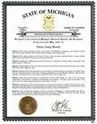 Published on 5/9/2003 Certificate from the Governor of Michigan proclaiming May 2003 as Falun Dafa Month,and May 13 of each year to be Falun Dafa Day in the State of Michigan.