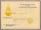 Published on 6/28/2003 Certificate of Recognition from Illnois in honor of Falun Dafa which is based on the universal quality of Zhen-Shan-Ren (Truth-Compassion-Forbearance)- on the Eleven Year Celebration of its introduction, 2003. 