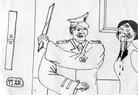 Published on 6/30/2004 Illustrations of Torture Devices and Methods Used on Practitioners Detained in the Jinzhou District Detention Center, Dalian City, Liaoning Province. The prison policeman Du Xianjun once used a bamboo board to hit a woman practitioner’s face. As a result, her face was badly swollen, and there were two long cuts on her face that bled profusely. 