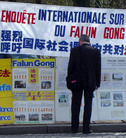 Members of the Europe Council and NGO Representatives Condemn the CCP's Crimes and Call for Investigation: A member of the Council of Europe reads the Falun Gong display attentively [April, 2006]